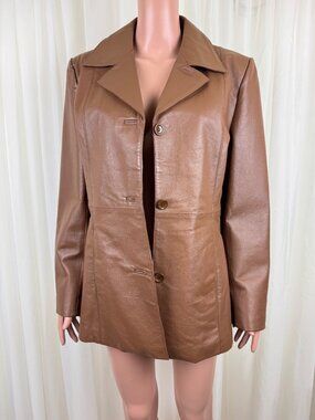 Women's Dialogue 100% Leather Blazer Jacket Brown 3 Button Tailored Coat Size SM